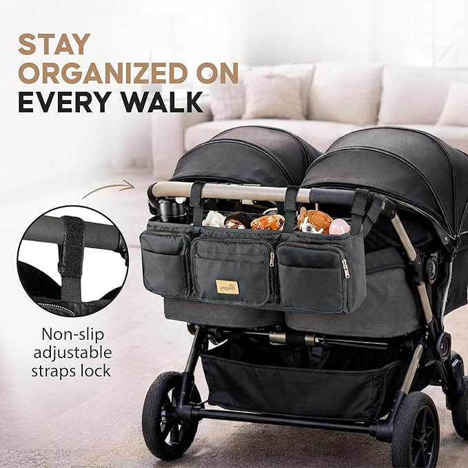 Double Stroller Organizer, Double Stroller Caddy Compatible with Bob Duallie, Baby Jogger City Mini GT2, Jeep - Universal Stroller Accessories with Cup Holders