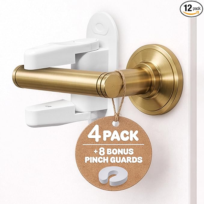 4 Pack Child Door Locks Lever Handle | Baby Safety Door Knob Lock | Prevent Toddlers from Opening Doors, Easy for Adults to Open | Durable Adhesive Simple Install | 8 Bonus Pinch Guards Included