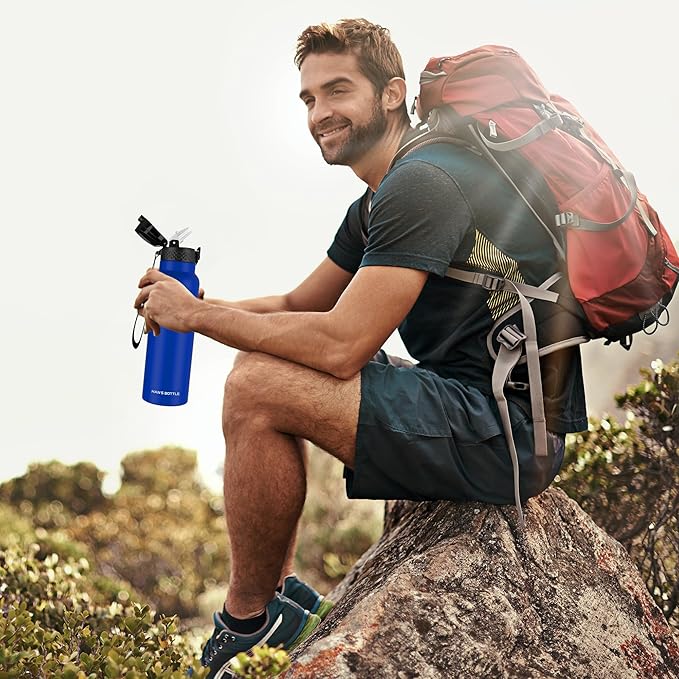 Han's Bottle Sports Water Bottle - 24 Oz, Straw Lid, Leak Proof, Vacuum Insulated Stainless Steel, Double Walled, Thermo Mug,Klein Blue