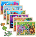 Wooden Puzzles for Kids Ages 4-8, 6 Pack 60 Piece Jigsaw Puzzle Set, Preschool Educational Brain Teaser Toys with Animals Dinosaur Space & Vehicles, Educational Toys for Boys and Girls