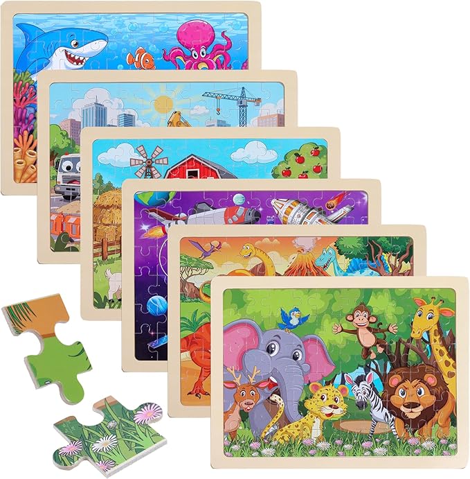 Wooden Puzzles for Kids Ages 4-8, 6 Pack 60 Piece Jigsaw Puzzle Set, Preschool Educational Brain Teaser Toys with Animals Dinosaur Space & Vehicles, Educational Toys for Boys and Girls
