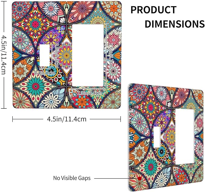 Bohemian Combin Wall Plate Cover Decorative 2 Gang Toggle Rocker Light Switch Cover colorful Vintage Floral Mandala Flower Faceplate for Bathroom Home Bedroom Art Panel Decor 4.5 X 4.5 In