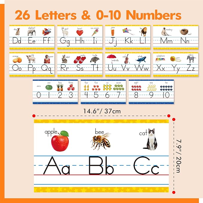 Alphabet & Number Line Bulletin Board Set, 12 PCS ABC & 123 Wall Decorations 26 Upper & Lower Case Letters Plus Numbers 0-10 for Preschool, Kindergarten Classroom Playroom Bedroom Decors