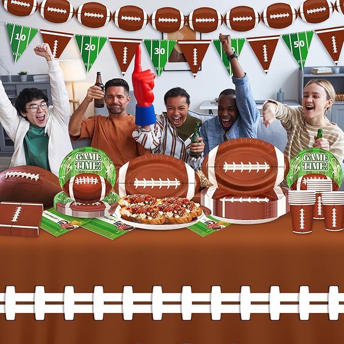 99PCS Football Party Tableware Supplies,Set of 24 Football Plates Napkins Cups,11.8in Football Shaped Disposable Paper Plates,Banner and Touchdown Tablecloth for Birthday Gameday Tailgate Decoration
