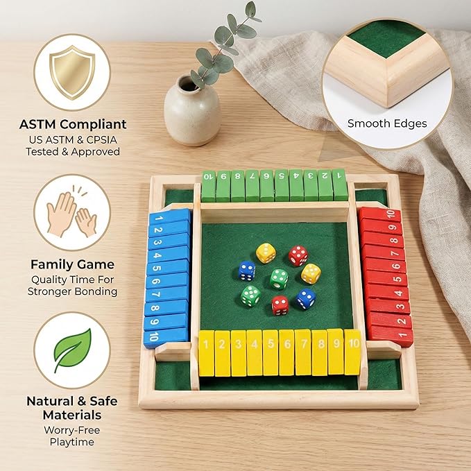 Vindstier Shut the Box Board Game for 2-4 Player, Wooden Math Number Flip Dice, Educational Toy for Kids Ages 3+ and Adults, Screen-Free Family Night, Classroom, Pub& Summer Travel Learning Activities
