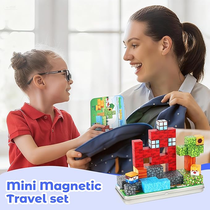 SYSKENI Mini Magnetic Blocks Travel Set, 35PCS Magnetic Blocks Travel Toys for Kids Ages 3-5 4-8, Portable Magnet Cubes Preschool Learning Toys with Portable Iron Storage Box Christmas Birthday