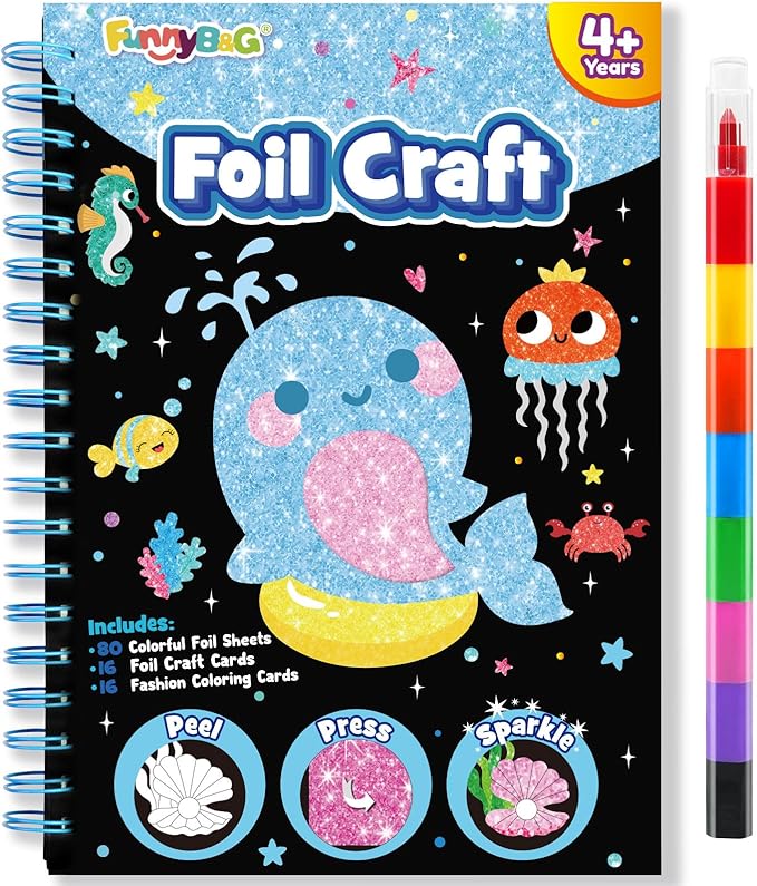 FUNNYB&G Foil Art Crafts for Kids Ages 4-8: Mother's Day 2026, Birthday Gift for Kids, Art and Crafts Supplies, Party Favors, Creative Toys for Kids 4 5 6 7 8 9 Years Old(Ocean)