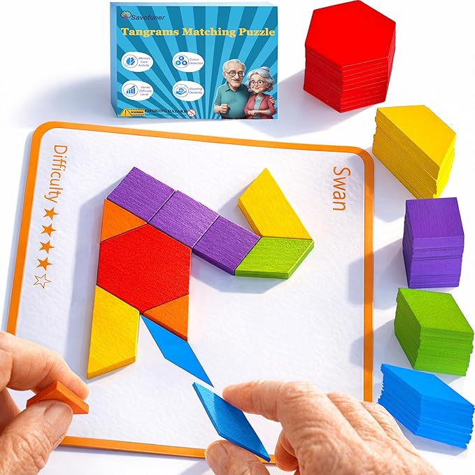 Memory Care Activities for Seniors, Wooden Cognitive Games for Elderly, 80 Pieces Tangram Puzzles for Alzheimer and Dementia Patients, Large Wooden Colorful Shape Pattern Matching Board Gifts (Easy)
