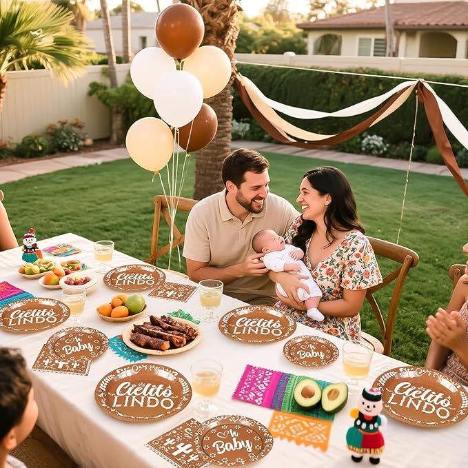 Grencian 96 Pcs Cielito Lindo Baby Shower Decorations Brown Mexican Theme Plates and Napkins Tableware Sets Cielito Lindo Decorations for Cinco de Mayo Boys Girls Baby Shower Party Serves 24