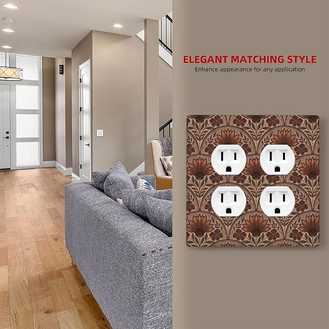 Earth Tone Floral Rustic Damask Boho Flower Outlet Covers 2 Gang Double Duplex Decorative Light Switch Covers Electrical Wallplates Socket Faceplate for Farmhouse Home Decor