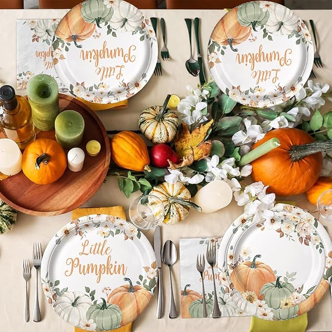 120 Pcs Little Pumpkin Baby Shower Party Decoration – Autumn Pumpkin & Floral Tableware Set with Plates, Napkins, Cups, Cutlery for Thanksgiving & Fall Baby Shower Decorations, Serves 20