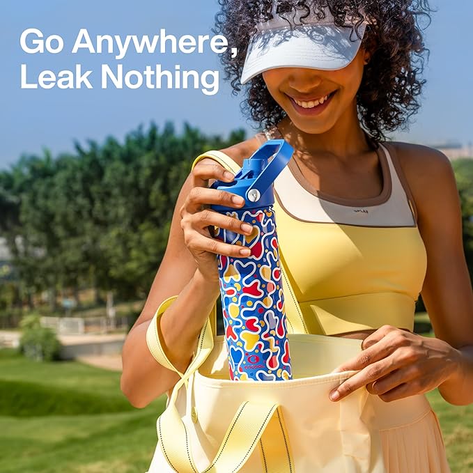 ENCOOL Insulated Water Bottle with Straw Stainless Steel Water Bottle, Leak-Proof, BPA-Free, Double Wall Vacuum Keeps Cold for 24 Hours for Sports, Travel, School (26 oz, Ocean Pop)