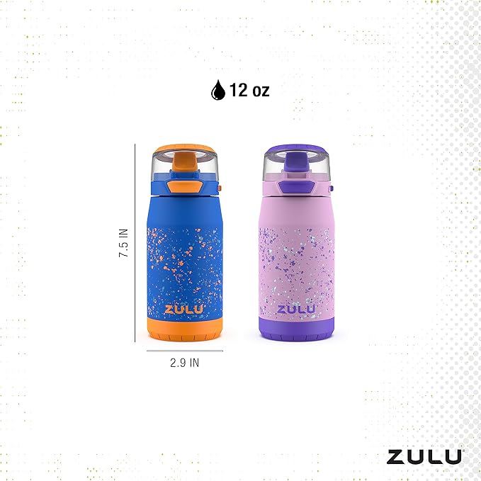 ZULU Kids Flex 12oz Stainless Steel Insulated Water Bottle, Toddler Cup with Silicone Spout, Leak-Proof Locking Flip Lid and Carry Loop for School Backpack, Lunchbox, and Outdoor Sports, Blue