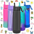 CHILLOUT LIFE 22 oz Kids Insulated Water Bottle for School with Straw Lid Leakproof and Cute Waterproof Stickers, Personalized Stainless Steel Thermos Flask Metal Water Bottle, Black
