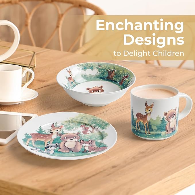 MIAMIO – Set of 3 Kids Dinnerware Set/Porcelain Children Dishes, Kids Dish Set, Children’s Tableware Set - Includes Plate, Bowl and Cup – For Kids and Toddler (Forest)