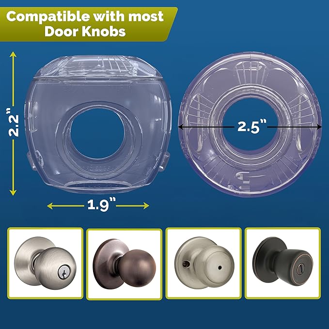 Door Knob Safety Cover for Kids (6 Pack) Hard-to-Remove Dual-Lock Door Handle Covers for Kids - Reusable Baby Proof Door Knob Locks - Installs Easily, No Tools Needed (Transparent)