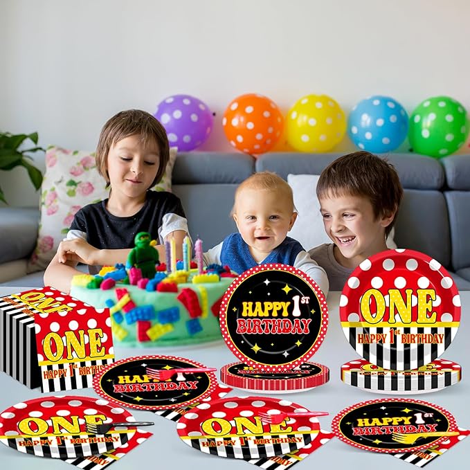 96 Pcs Mouse 1st Birthday Party Plates and Napkins Set Cartoon Mouse Party Decorations Red Black Yellow Paper Dessert Plates Polka Dot Tableware Set for Boys Girls 24 Guests