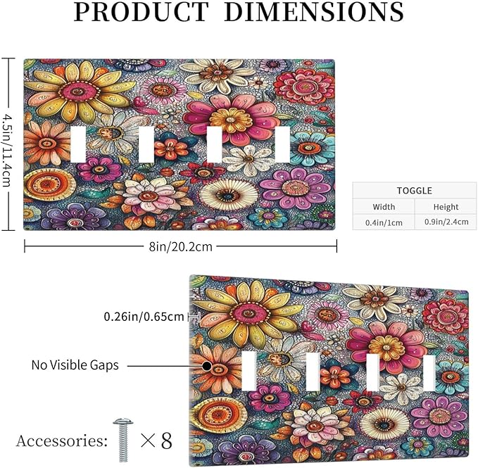 Light Switch Covers Colorful Rainbow Pointillisme Flower Quad Toggle Electrical Faceplate 4 Gang Wall Plate Decorative Switch Plates For Bed Room Home Decor