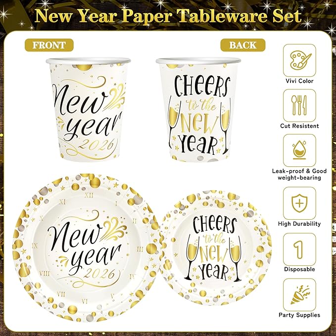 168pcs Happy New Year Party Supplies, White and Gold Paper Plates Napkins Cups and Gold Cutlery for 24 Guests, 2026 New Year Disposable Tableware Supplies for Party Decorations