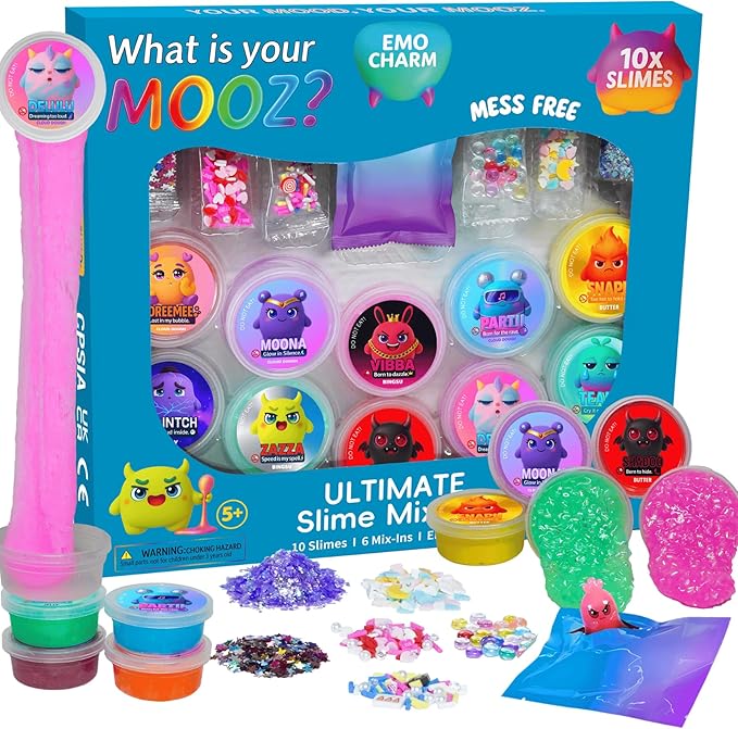 Ultimate Slime Kit–10 Pack Cloud Dough, Crunchy, Butter & Jelly Mini Slimes, Non-Sticky & Scented, Kawaii Mix-Ins & Blind-Bag Charm, Sensory Party Favors & ASMR Gifts for Girls & Boys Ages 5–12, MOOZ