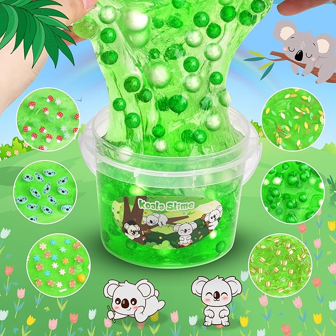 Koala Slime Kit 10oz, Vibrant Green Clear Slime Bucket for Kids Ages 8-12 with Various Add-ins, Non-Sticky & Stretchy, Slimes Party Favors Birthday, DIY Sensory Toys