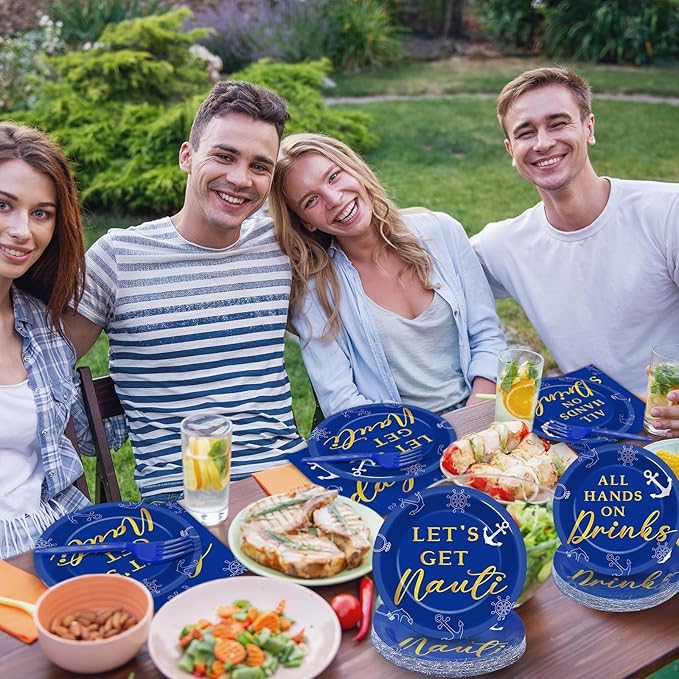 96 Pcs Nautical Bachelorette Party Plates and Napkins for Let's Get Nauti Yacht Party Supplies Nautical Sailor Themed Paper Dessert Plates Bridal Shower Tableware Set for 24 Guests Party Decorations