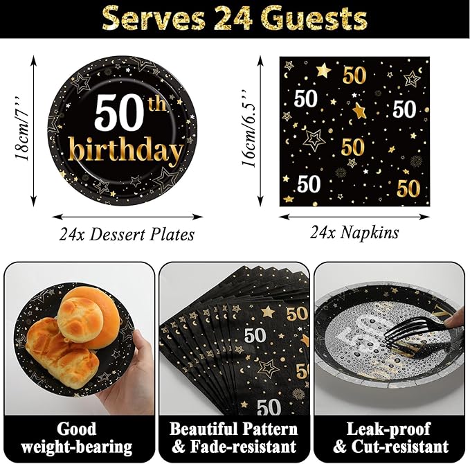 50th Birthday Party Supplies Serves 24 Black and Gold 50 Years Old Party Paper Dessert Plates Napkins Cheers to 50 Years Decorations Tablecloth Set Tableware Kit for Man Retirement Graduation