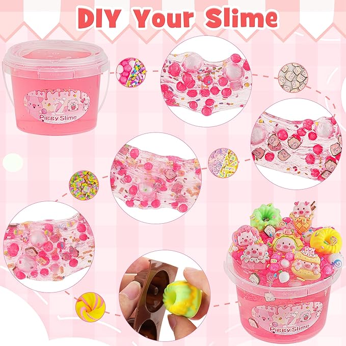 LAWOHO 300ml Piggy Slime Kit with Clay, Red Clear Slime Bucket for Girls & Boys with 11 Packs Cute Add-Ins for Kids Slime Toys, Non Stick Slime Making Kit for Birthday Halloween Christmas Easter