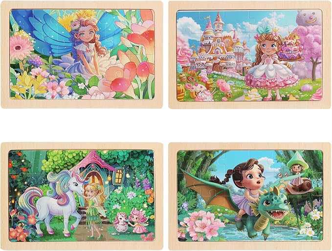 4 Sets of Wooden Puzzles, Each Set has 24 Pieces, Including Castle Unicorn Princess, for Toddlers 3-5, Puzzles for Kids Ages 4-6, Preschool Educational Brain Teaser Toys for Girls 3 4 5 6 Years Old.