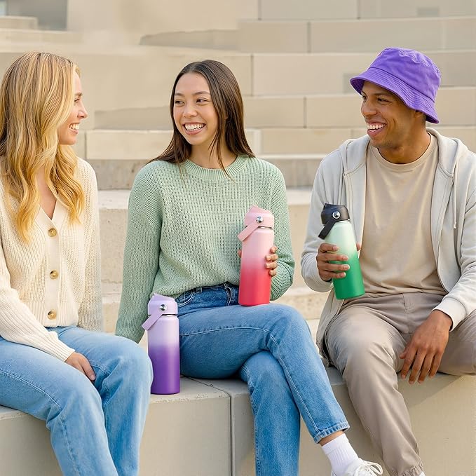 Fijinhom 24oz Insulated Stainless Steel Water Bottle, Wide Mouth Double Wall Vacuum, Silicone Straw, Sweat & Leak Proof, BPA Free Insulated Water Flask for Travel, Purple Gradient