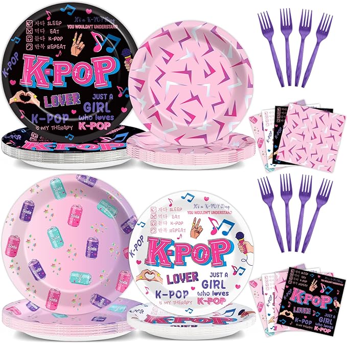96pcs Kpop Party Paper Plates and Napkins Kpop Girl Party Decorations Music Star Disposable Dessert Plates Music Singer Demon Tableware Set Serves 24 Guests Boys Girls Kids Teenagers Birthday Supplies