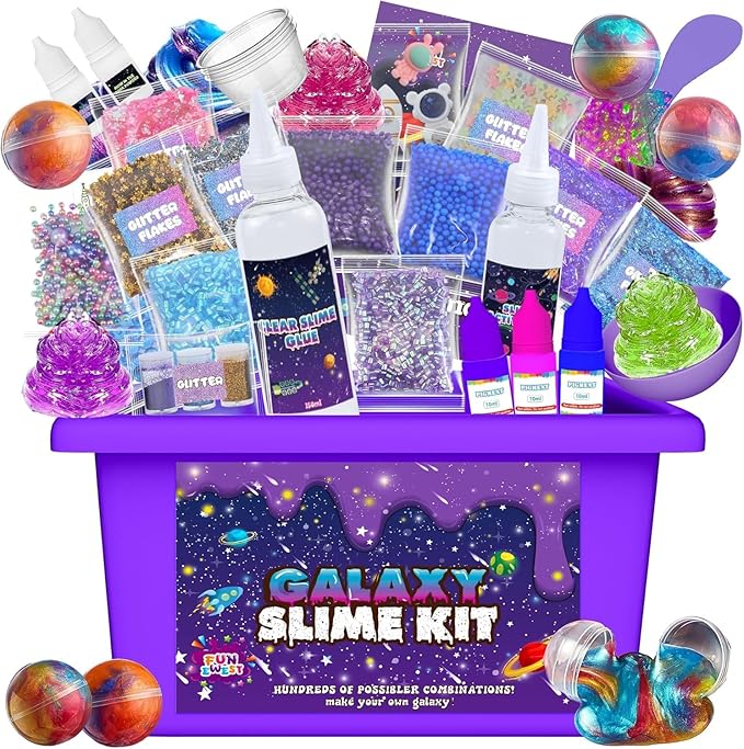Funewest Slime Kit for Boys, Mini Galaxy Slime Making Kit with Glow in the Dark Stickers, Glitter, Beads & Charms – Creative DIY Crafts & Stress Relief Sensory Toy Gifts for Girls Ages 6-12