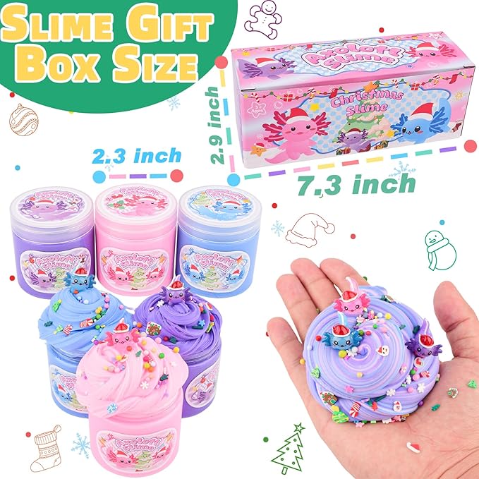 3 Pack Christmas Butter Slime Kit, Scented Axolotl Slime with Pink, Blue, Purple Axolotl Charms, Soft, Non-Sticky, Goodies Bag Toy for Christmas Party Favors