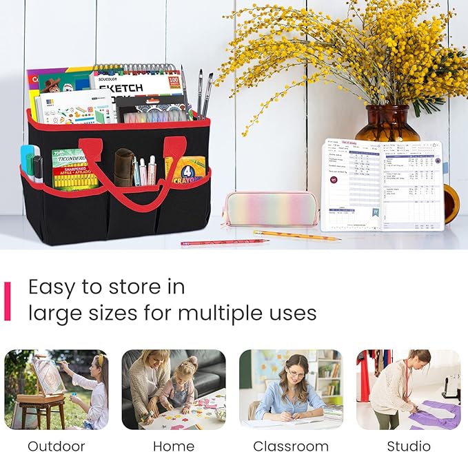 Godery Desktop Tote and Organizer, Teacher Helper caddy Bag for Arts, Books, Stationery, Office Desk Organization, Make-up Storage with Handles for Travel (Black)
