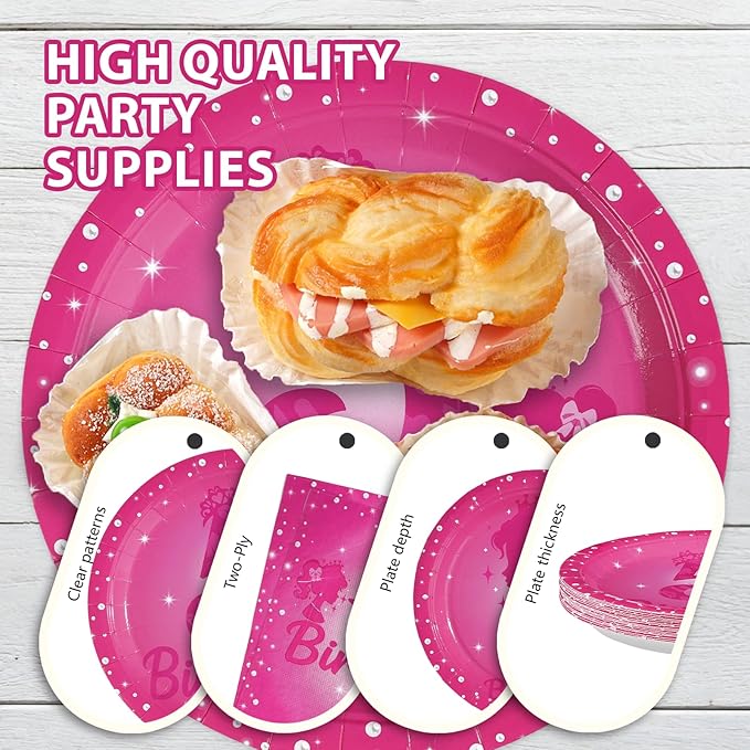 96Pcs Pink 5th Birthday Party Decorations 5 Years Old Hot Pink Plates and Napkins Princess Doll Girl Tableware Sets for Kids Girls Baby Shower Happy 5th Birthday Party Supplies Serves 24