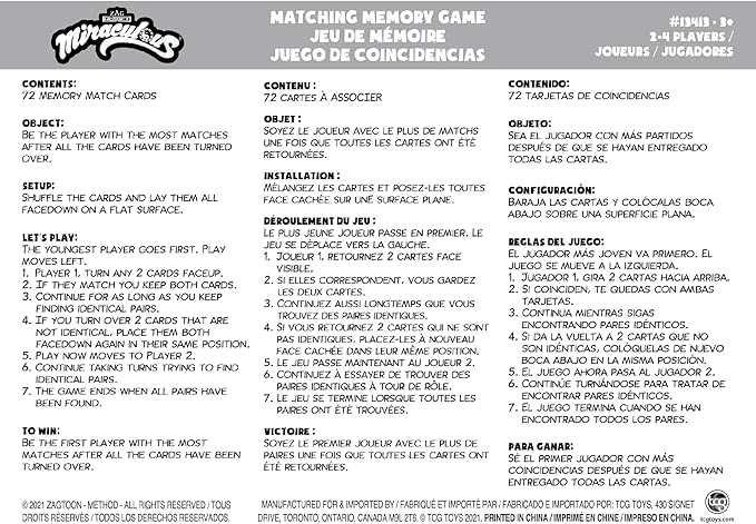 TCG Toys Miraculous Ladybug - Memory Matching Card Game - Featuring 72 Full Color Pieces - Promote and Improve Memory & Sensory Development Skills. Great Birthday Gift for Boys and Girls