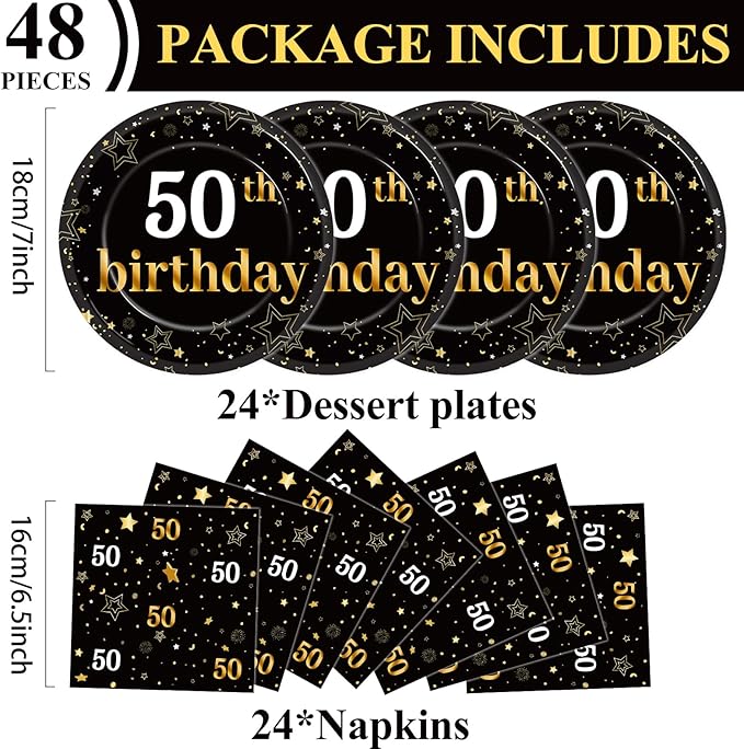Qyeahkj 48Pcs 50th Birthday Paper Plates and Napkins Black and Gold Happy Birthday Party Decorations Cheers to 50 Years Party Supplies 50 Years Old Disposable Tableware Set for Women Men Serve 24