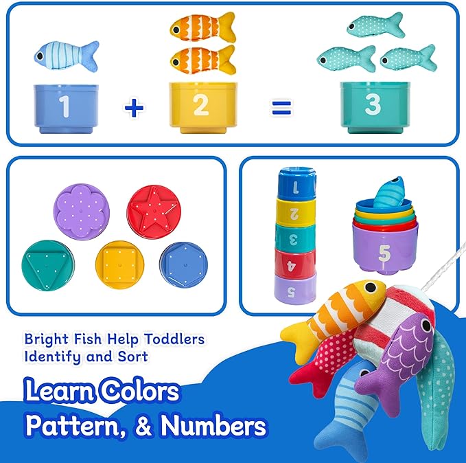 Montessori Toys for 1 Year Old, Cloth Fishing Game for Babies 6–18 Months, Soft Learning Toy with Stacking Cups, Fine Motor Skills & Color Recognition for Boys & Girls
