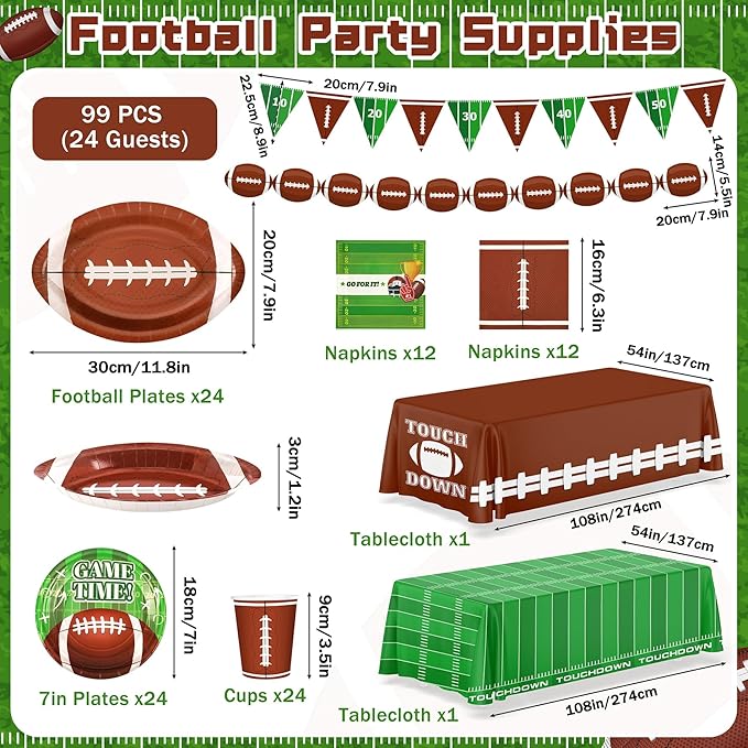 99PCS Football Party Tableware Supplies,Set of 24 Football Plates Napkins Cups,11.8in Football Shaped Disposable Paper Plates,Banner and Touchdown Tablecloth for Birthday Gameday Tailgate Decoration