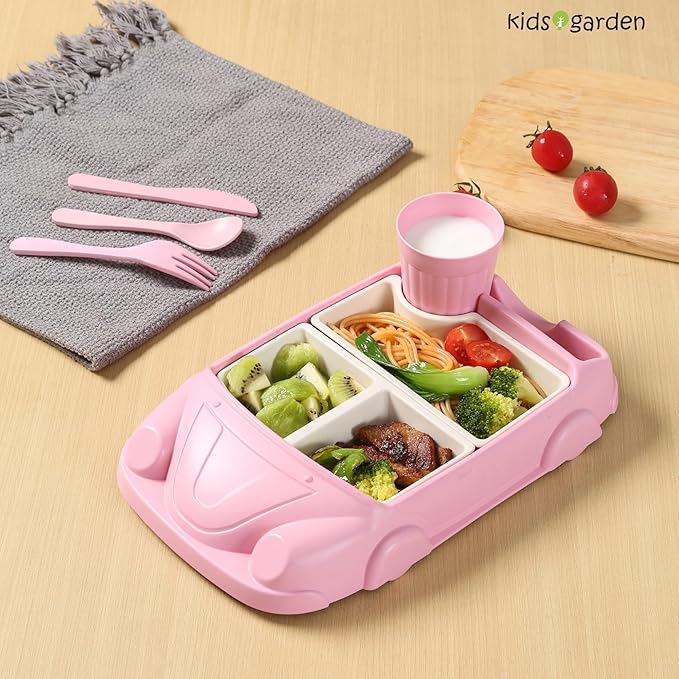 Kids garden Car Plate 8Pcs/Set Bamboo Children Dinnerware Sets - Dishwasher/Microwave Safe Includes Cutlery, Beautiful Plate, Separable Bowls & Cup Happy MealTime, Pink