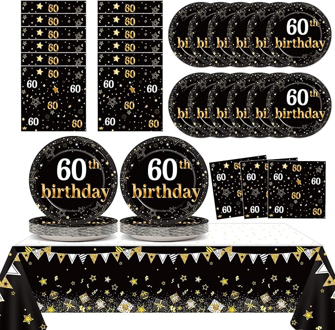 60th Birthday Party Supplies Serves 24 Black and Gold 60 Years Old Party Decorations Paper Plates Napkins Cheers to 60 Years Favors Tablecloth Set Vintage 1966 Tableware Kit for Men Birthday