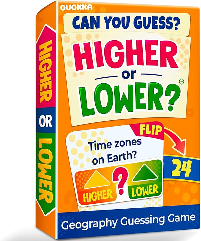 QUOKKA Trivia Board Games for Kids and Adults – Family Board Games for Family Game Night – Higher or Lower Trivia Cards for Kids 8-12 – Guess Fun Questions – Geography Card Game for Families&Teens