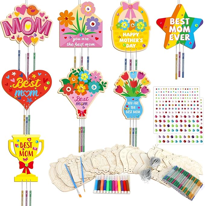 gisgfim 16 Pack Mother’s Day Wind Chime Kits Mom Crafts for Kids Make Your Own Best Mom Wind Chime Wooden DIY Arts and Crafts for Mother’s Day Party School Classroom Decor Supplies Birthday Favors