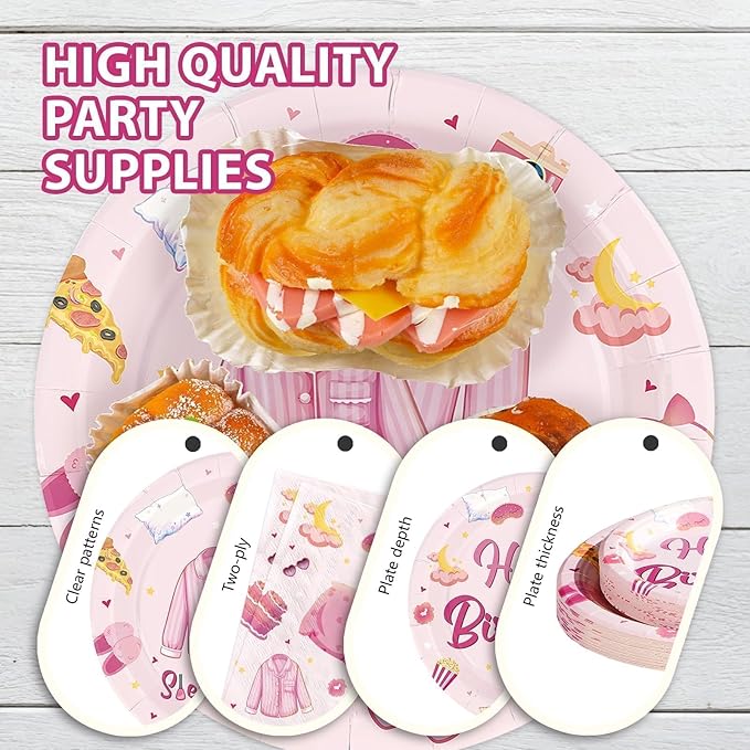 168Pcs Sleepover Party Supplies for Girls Pajama Birthday Plates Napkins Cups Forks Knives Spoons Hot Pink Slumber Spa Paper decor Tableware for Girls Birthday Night Slumber Party Supplies Serves 24