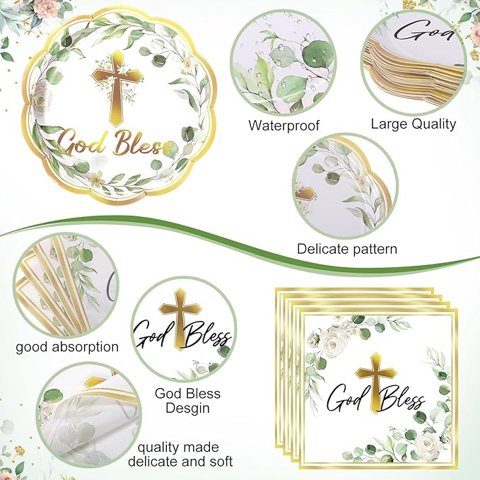 Pickmesh 194 Pcs God Bless Baptism Party Decoration Boy for 24, Sage Green Baptism Confirmation Paper Plate Napkin Cup Tablecloth Cutlery for First Holy Communion Christening Baby Shower Supplies