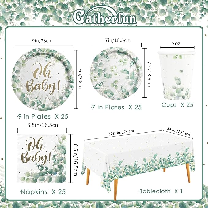 Sage Greenery Baby Shower Party Supplies Disposable Paper Plates Napkins Cups and Tablecloth for Boho Greency Party Decorations, Serve 25.