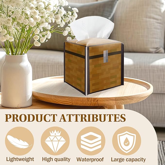 Tissue Box Cover Holder, Treasure Chest Pixel Leather Tissue Box Cover Square, Paper Napkins Everyday Dispenser for Bathroom Night Stands Kitchen Office Home Pixel Theme Decor