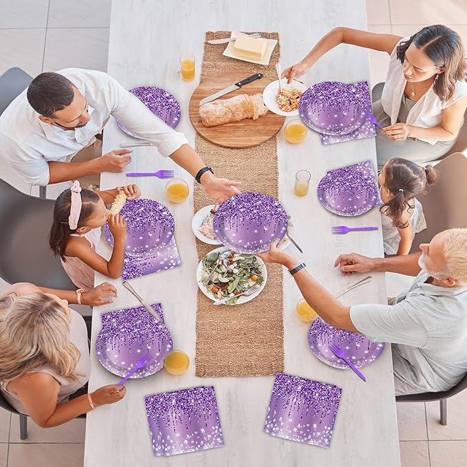 96 Pcs Purple Silver Tableware Set for Birthday Party Decor Disposable Dessert Plates Napkins Forks for 24 Guests Elegant Purple Tableware for Women Girls Baby Shower Bridal Shower Party Supplies