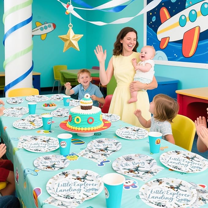 Grencian 96Pcs Airplane Baby Shower Decorations Airplane Boy Baby Shower Paper Plates and Napkins Disposable Party Supplies Plates for Boys Little Explorer Landing Soon Adventure Party Decorations