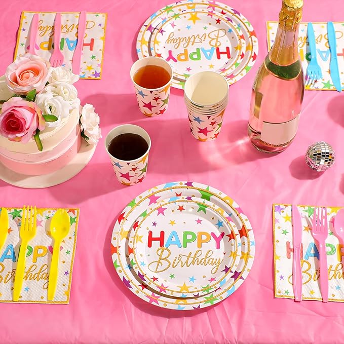 Meanplan Serves 24 Guests Happy Birthday Plates and Napkins Rainbow Star Birthday Tableware Set Rainbow Happy Party Decorations for Kids Included Cups Knives Forks Spoons Total 168 Pcs